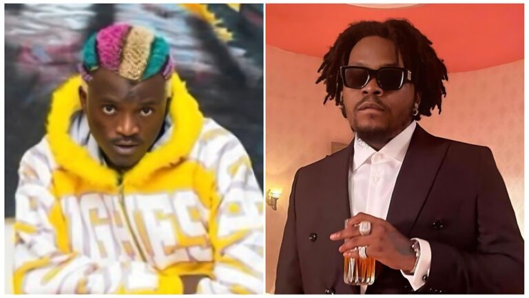 A split-screen image featuring Nigerian music stars Portable and Olamide. On the left, Portable is pictured with his signature multi-coloured hair, wearing a yellow hooded jacket with white and black patterns. On the right, Olamide is shown in a formal brown suit and white shirt, wearing dark sunglasses and holding a glass of amber-coloured liquid.