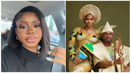 A split collage featuring Priscilla Ojo. On the left, she poses for a close-up selfie in a car wearing a black top and gold earrings. On the right, she stands with her husband, Juma Jux, in matching gold and blue traditional attire; she wears a large headgear (gele) and holds a hand fan with the Tanzanian flag colours, while Juma Jux holds a gold musical staff.