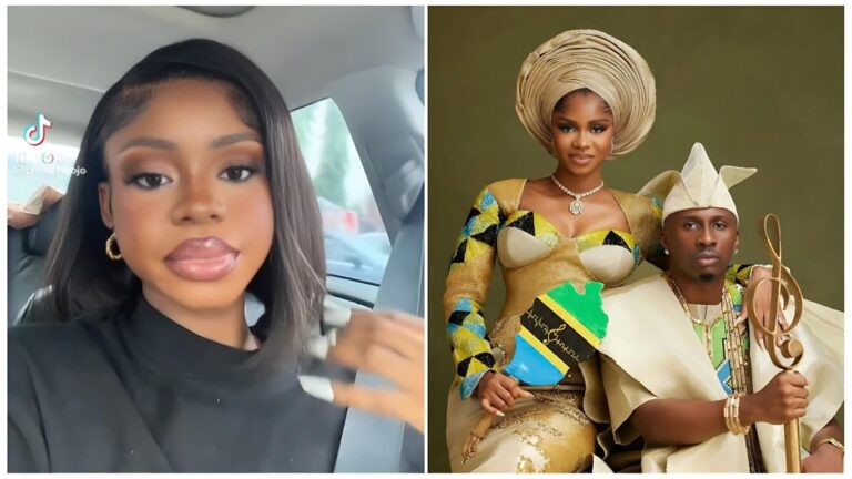 A split collage featuring Priscilla Ojo. On the left, she poses for a close-up selfie in a car wearing a black top and gold earrings. On the right, she stands with her husband, Juma Jux, in matching gold and blue traditional attire; she wears a large headgear (gele) and holds a hand fan with the Tanzanian flag colours, while Juma Jux holds a gold musical staff.