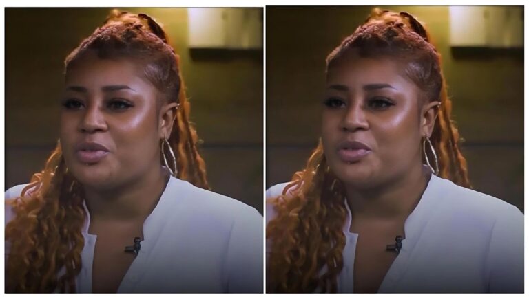 A side-by-side split image of reality TV star Queen Asoka during her interview with Chude Jideonwo. She is wearing a white collared shirt, large silver hoop earrings, and has her long, curly, ginger-toned hair styled in a high ponytail.