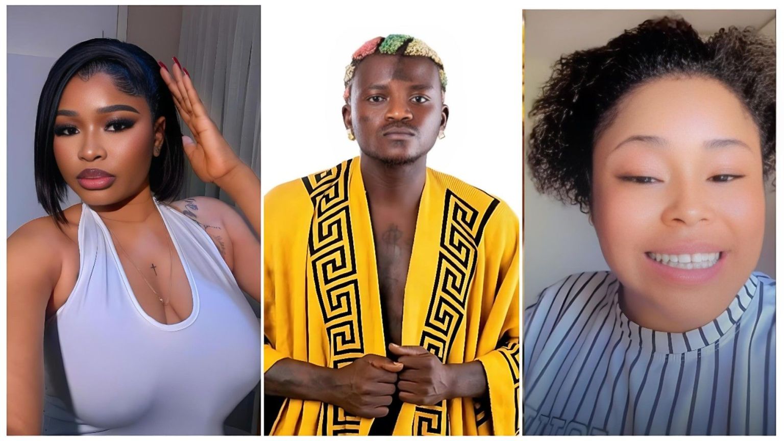 A three-panel composite image featuring Queen Dami, Nigerian singer Portable, and his associate Debby. On the left, Queen Dami poses in a white sleeveless halter top with a cross necklace. In the center, Portable wears a yellow and black patterned robe. On the right, Debby is captured mid-speech in a black and white striped shirt.