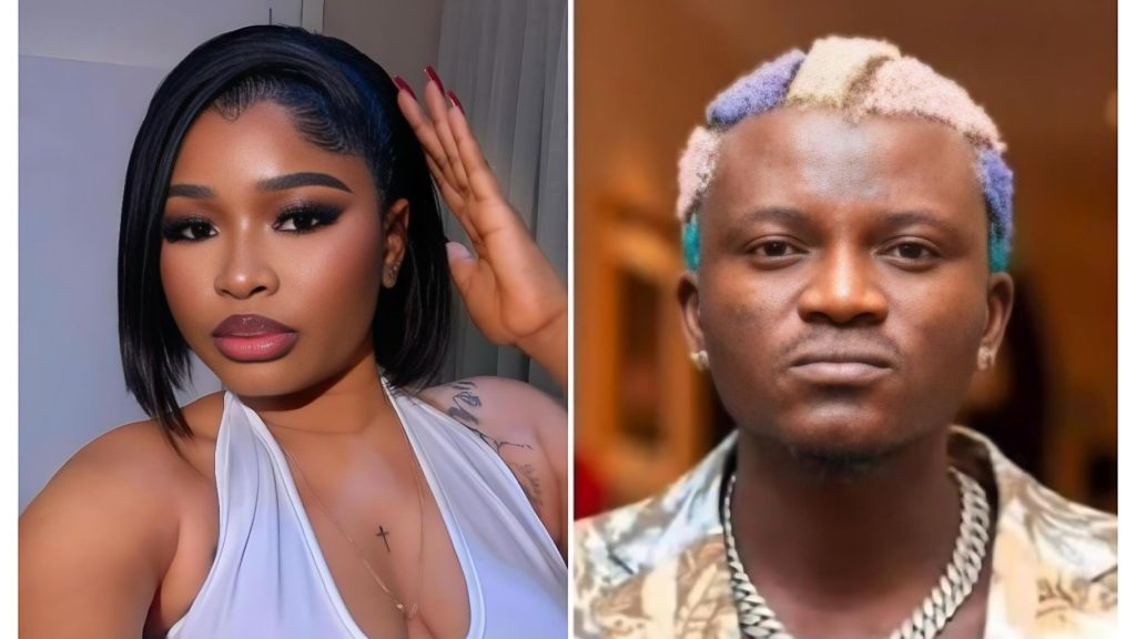 A side-by-side portrait of Queen Dami (left) and Nigerian singer Portable (right). Queen Dami, a former wife of the late Alaafin of Oyo, is shown with a polished makeup look, wearing a white halter top with a small cross necklace and posing with her hand near her hair. Portable is pictured with his signature multi-colored dyed hair (blue, purple, and blonde), wearing a silver Cuban link chain and a patterned shirt.