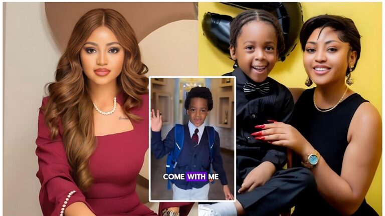 A collage featuring Nollywood actress Regina Daniels and her son, Munir Neji Nwoko. On the left, Regina is shown in a formal maroon dress with a pearl necklace. On the right, she is smiling beside her son, who is wearing a black shirt and bow tie. In the centre, an in-set "day in the life" video clip from his school shows Munir in a navy blue school cardigan, white shirt, and tie, waving with a blue backpack.