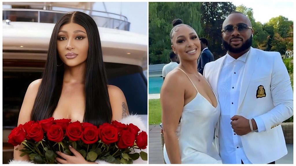 A side-by-side composite image showing actress Rosy Meurer on the left, holding a large bouquet of red roses in front of a yacht. The right side features Rosy Meurer and her husband, Olakunle Churchill, posing together in white formal attire at an outdoor event.