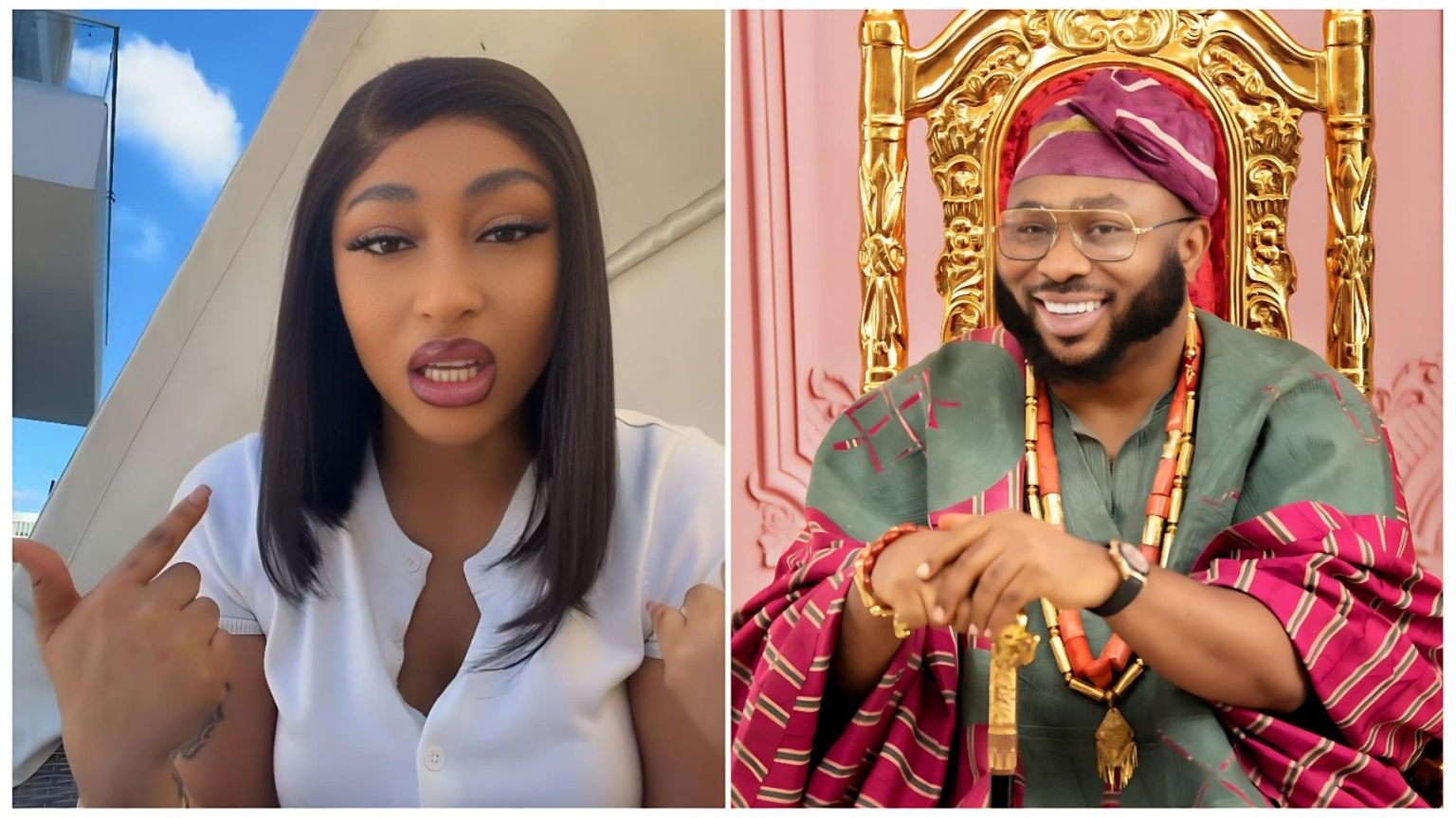 A split-screen composite photo featuring Gambian-born Nigerian actress Rosaline Meurer on the left, smiling radiantly with styled hair and polished makeup, and her husband, businessman Olakunle Churchill, on the right, dressed in a traditional white Nigerian Agbada and a matching cap against a neutral background.