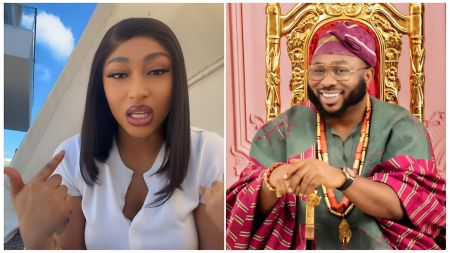 A split-screen composite photo featuring Gambian-born Nigerian actress Rosaline Meurer on the left, smiling radiantly with styled hair and polished makeup, and her husband, businessman Olakunle Churchill, on the right, dressed in a traditional white Nigerian Agbada and a matching cap against a neutral background.