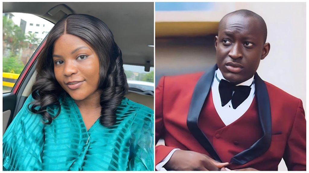 A split-screen image showing media personality Ruth on the left and streamer Carter Efe on the right. Ruth is pictured inside a vehicle wearing a teal striped top with her hair styled in voluminous curls. Carter Efe is dressed formally in a red tuxedo jacket with a black shawl lapel and a black bow tie.