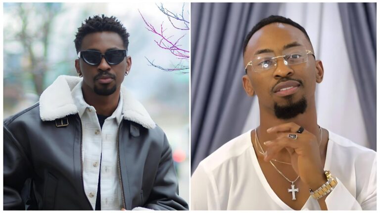 A side-by-side photo of Big Brother Naija star Saga. On the left, he wears a black leather jacket with a white fleece collar and dark sunglasses. On the right, he is seen in a white shirt and clear-frame glasses, resting his chin on his hand.