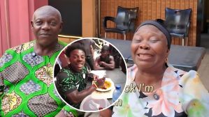 The Sappor Cuisine chef and her husband sitting together during an interview, with the woman smiling broadly while wearing a floral dress and her husband in green traditional attire; an inset circular image shows American streamer iShowSpeed eating Nigerian Jollof rice in a green Nigeria jersey.