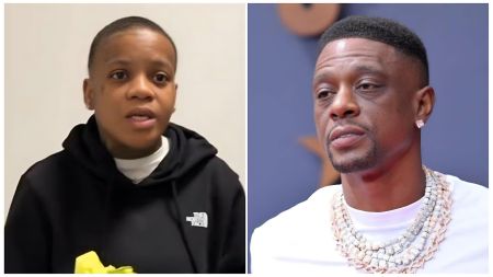 Boosie Badazz and Victoria Woods Portrait: A side-by-side split image featuring Boosie Badazz on the left and Victoria Woods on the right. Boosie wears a vibrant, patterned designer shirt and a heavy gold chain, looking directly into the camera with a neutral expression. Victoria Woods appears on the right in a stylish, casual outfit with her hair styled in sleek braids, posing against a neutral studio background.