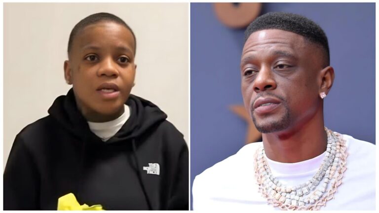 Boosie Badazz and Victoria Woods Portrait: A side-by-side split image featuring Boosie Badazz on the left and Victoria Woods on the right. Boosie wears a vibrant, patterned designer shirt and a heavy gold chain, looking directly into the camera with a neutral expression. Victoria Woods appears on the right in a stylish, casual outfit with her hair styled in sleek braids, posing against a neutral studio background.