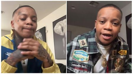 A split-screen image showing Victoria Woodard, known as Scar Face Woodz, appearing in two different video clips. On the left, she wears a blue and yellow Nike jacket while looking down with her hands clasped. On the right, she wears a patterned flannel shirt with various patches and a gold chain while speaking directly to the camera.