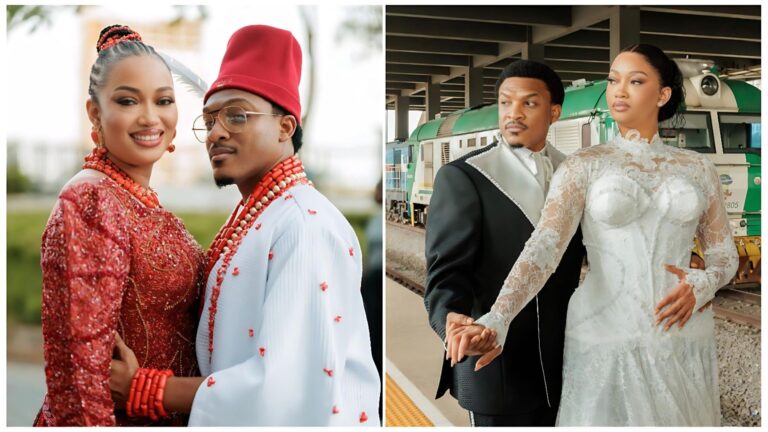 The couple in traditional Igbo attire; Sharon wears a red beaded corset gown, and Shawn is in a white robe and red wrapper with a red feathered cap and coral beads. Right: The couple at their white wedding ceremony, which took place on a moving train. Sharon is in a white lace gown with a high neckline, and Shawn is in a black-and-white tuxedo, standing on a train platform beside a green and yellow locomotive.