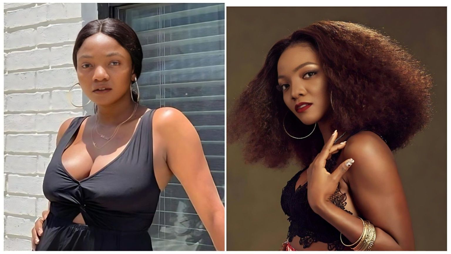 A side-by-side photo comparison of Nigerian singer Simi. On the left, she is pictured in a natural, casual setting, wearing a black V-neck top, hoop earrings, and thin gold necklaces against a white brick wall. Her hair is pulled back, and she appears to have minimal to no makeup. On the right, she is in a glamorous studio setting, featuring voluminous, textured hair, bold red lipstick, and a lace black top. She is wearing multiple gold bangles and large hoop earrings, posing with one hand near her face against a soft brown background.