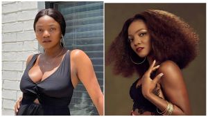 A side-by-side photo comparison of Nigerian singer Simi. On the left, she is pictured in a natural, casual setting, wearing a black V-neck top, hoop earrings, and thin gold necklaces against a white brick wall. Her hair is pulled back, and she appears to have minimal to no makeup. On the right, she is in a glamorous studio setting, featuring voluminous, textured hair, bold red lipstick, and a lace black top. She is wearing multiple gold bangles and large hoop earrings, posing with one hand near her face against a soft brown background.