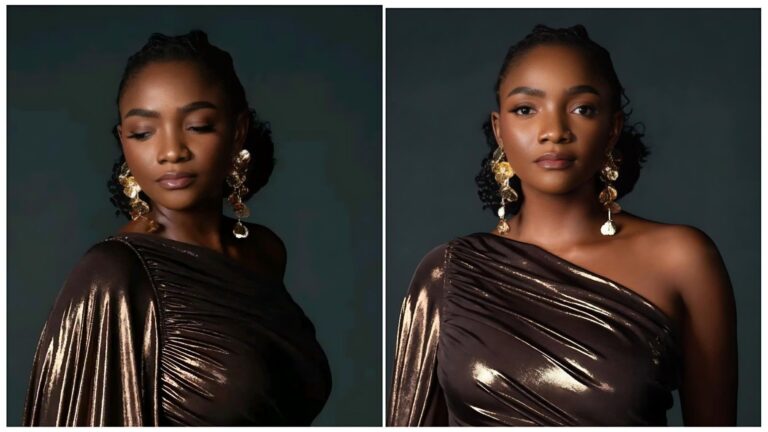 Nigerian singer Simi in a glamorous studio portrait diptych: on the left, she poses with eyes closed in a metallic bronze off-shoulder gown with long sleeves and large gold cluster earrings; on the right, a direct-facing close-up in a shimmering one-shoulder bronze dress, elegant makeup, subtle smile, and matching statement gold earrings, set against a dark teal background.
