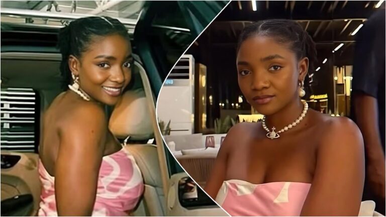 Nigerian singer Simi poses in a pink and white strapless top, wearing a pearl necklace with a Vivienne Westwood orb pendant. Left: She smiles over her shoulder while standing next to a car. Right: She looks directly at the camera in an indoor setting with warm lighting.