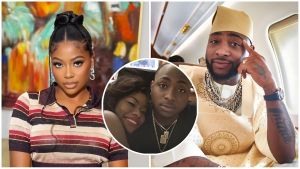 A collage featuring separate portraits of Sophia Momodu and the Nigerian singer Davido. On the left, Sophia Momodu poses in a striped polo shirt with her hair in a sleek top knot. On the right, Davido wears traditional cream-colored attire and heavy gold jewelry while seated on a private jet. A circular inset in the center shows a throwback photo of the two smiling closely together.
