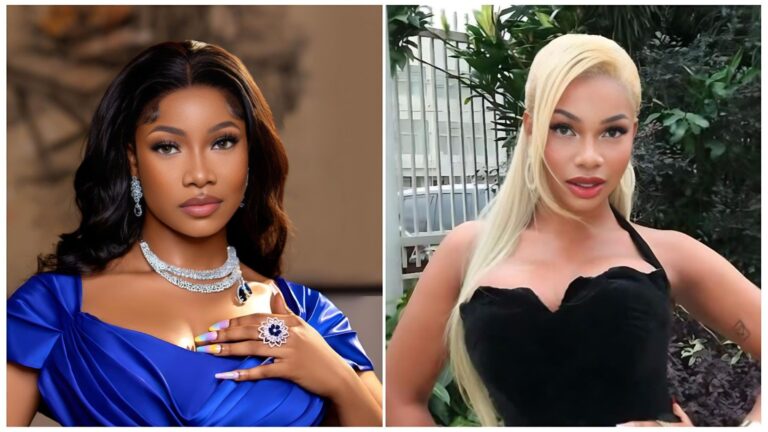 A side-by-side portrait of Big Brother Naija star Tacha Akide, featuring her on the left in an elegant blue gown with elaborate diamond jewelry and on the right in a black top with blonde hair.