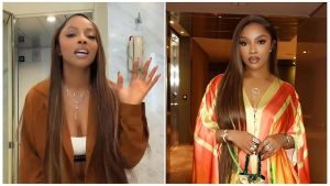 A split image showing Nigerian media personality Toke Makinwa. On the left, she is captured in a candid moment wearing a brown jacket over a white top, accessorised with gold necklaces. On the right, she is posing in a more formal setting, wearing a vibrant orange and yellow patterned silk robe with elegant jewellery and holding a small green bag.