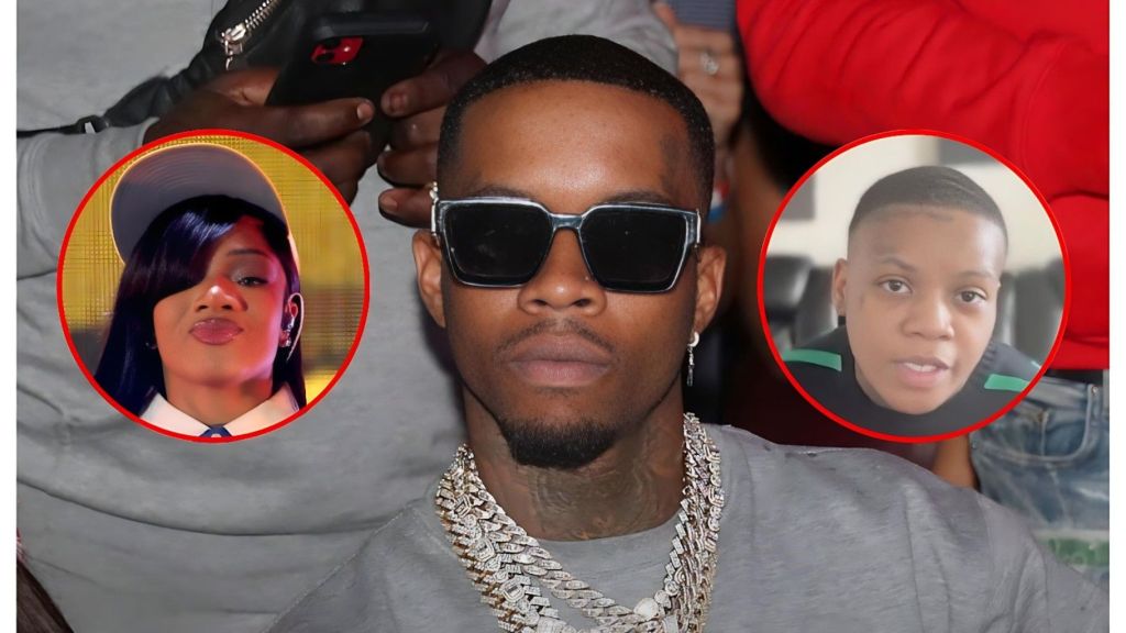 An editorial news graphic featuring a central image of rapper Tory Lanez wearing dark rectangular sunglasses and multiple diamond-encrusted silver chains. To his left is a circular inset of rapper GloRilla performing in a blue baseball cap. To his right is a second circular inset showing her sister, Victoria "Scar Face Woods" Woods. Large white text overlay reads: "Tory Lanez sends GloRilla's estranged sister the $2,500 she asked Glo for".