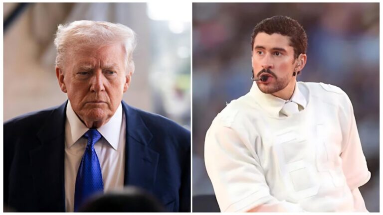 A split-screen composition featuring a serious-looking Donald Trump in a dark suit and blue tie on the left, and a close-up of Bad Bunny performing in a white long-sleeved shirt with a headset microphone on the right.