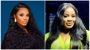 A side-by-side portrait of two women. On the left is Uche Ogbodo, a Nigerian actress and film producer, featuring long, wavy dark hair and elegant makeup with neutral tones. She is wearing large silver hoop earrings and a dark, shimmering top. On the right is another portrait of Uche Ogbodo from a different session, wearing a vibrant lime-green textured outfit and sporting long, dark wavy hair with subtle highlights.
