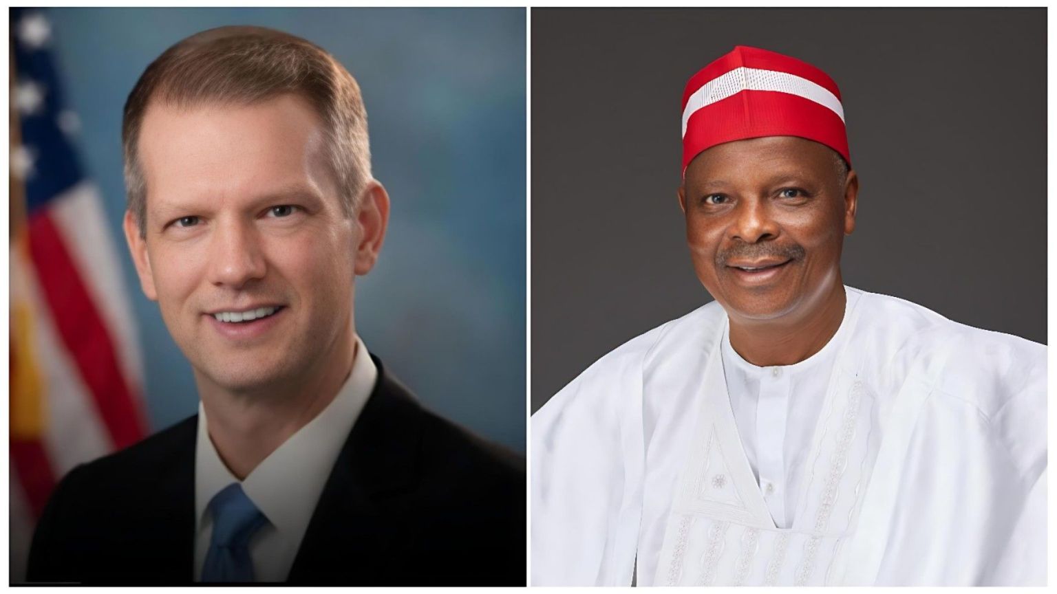 A side-by-side composite image featuring two men in professional portraits. On the left is Riley Moore, a Republican U.S. Representative from West Virginia, wearing a black suit with a blue tie. On the right is Rabiu Musa Kwankwaso, a prominent Nigerian politician and former Governor of Kano State, wearing traditional white attire and a red-and-white striped cap.