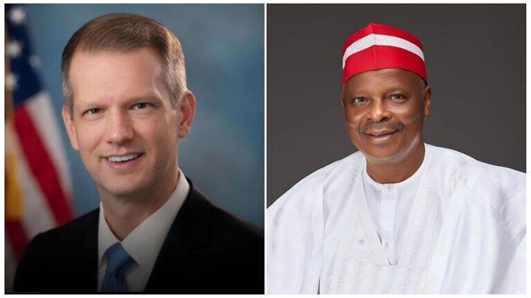 A side-by-side composite image featuring two men in professional portraits. On the left is Riley Moore, a Republican U.S. Representative from West Virginia, wearing a black suit with a blue tie. On the right is Rabiu Musa Kwankwaso, a prominent Nigerian politician and former Governor of Kano State, wearing traditional white attire and a red-and-white striped cap.