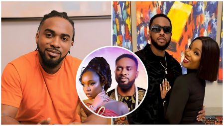 A collage featuring three separate photographs: on the left, actor Uzor Arukwe wears an orange t-shirt and looks directly at the camera; on the right, Teddy A and BamBam pose together, with Teddy A in sunglasses and BamBam smiling in a black outfit; in the center, a circular inset shows a professional headshot of BamBam and Uzor Arukwe from a film project.