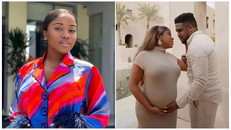 The image features two side-by-side photos. On the left, Veekee James poses in a vibrant, multi-coloured patterned silk outfit with feather-trimmed sleeves. On the right, she is shown in a neutral, form-fitting maxi dress that highlights her pregnancy, while her husband, Femi Atere, stands before her in a light linen shirt and trousers, gently placing his hands on her baby bump.