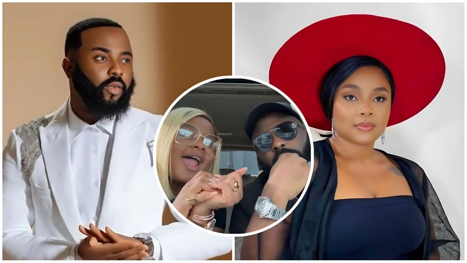 A split photo collage featuring Nigerian celebrities VJ Adams and Bimbo Ademoye. On the left, VJ Adams poses in a white suit, while on the right, Bimbo Ademoye wears a black outfit and a large red hat. A central circular inset shows the pair sitting together in a car, smiling and gesturing.