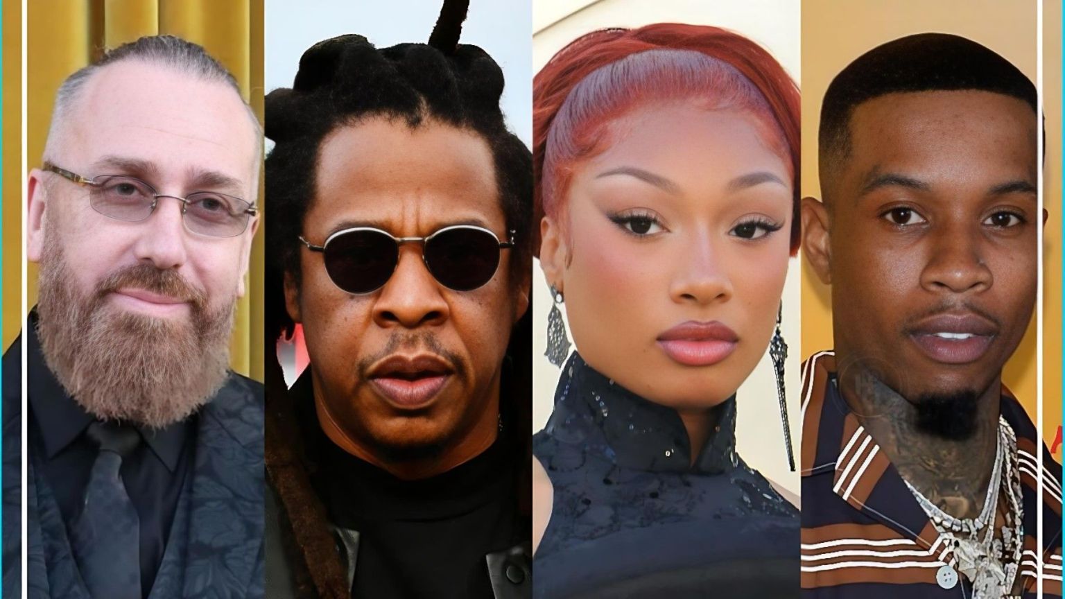 A four-panel horizontal collage featuring headshots of DJ Vlad, Jay-Z, Megan Thee Stallion, and Tory Lanez from left to right. On the far left, DJ Vlad wears glasses and a dark suit. Next to him, Jay-Z is seen in dark sunglasses. Megan Thee Stallion follows with red hair and a high-neck black dress. On the far right, Tory Lanez is pictured wearing a striped shirt and diamond necklaces.
