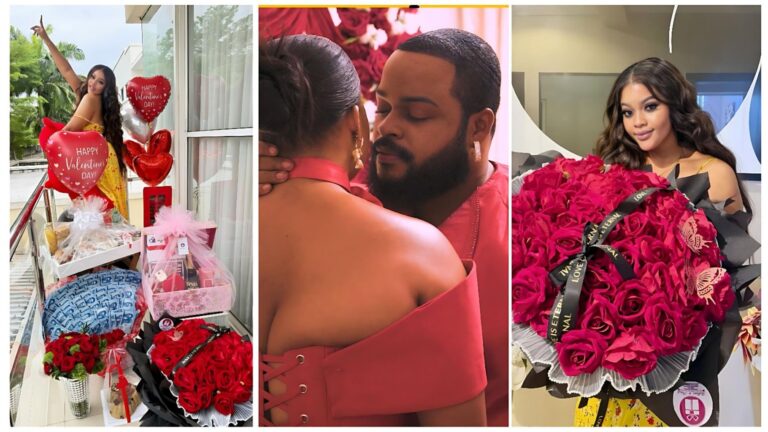 A three-panel split image featuring BBNaija star Whitemoney and his fiancée, Emmanuella Iloba, during a lavish Valentine's Day celebration. Left Panel: Emmanuella poses on a balcony surrounded by an extravagant array of gifts, including a large bouquet of Naira notes, multiple heart-shaped balloons, luxury gift hampers, and bouquets of red roses. Center Panel: A romantic, close-up shot of Whitemoney and Emmanuella in matching red outfits. Whitemoney has his eyes closed as he leans in toward Emmanuella, who has her back to the camera. Right Panel: A portrait of Emmanuella holding a massive, circular bouquet of deep red roses adorned with gold butterfly decorations and "Love is Eternal" ribbons.