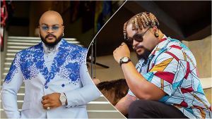 A split image featuring two contrasting looks of Nigerian reality star Whitemoney. On the left, he is shown bald and wearing a white traditional suit with intricate blue floral embroidery, accessorized with clear-lens glasses and a white wristwatch. On the right, he sports a short, blonde-tipped twist hairstyle and wears a colorful shirt with a geometric pattern of blue, red, and yellow triangles, paired with dark sunglasses and a black leather wristwatch.