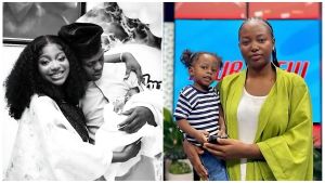 A composite image featuring the late Nigerian singer Mohbad and his family. On the left, a black-and-white photo captures a smiling Mohbad and his wife, Wunmi, holding their newborn son, Liam. On the right, a color photo shows Wunmi holding a slightly older Liam, who is wearing a striped shirt, in what appears to be a television studio setting.