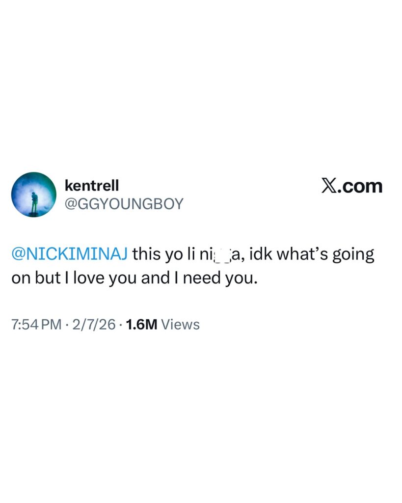 A tweet from user @GGYOUNGBOY directed at @NICKIMINAJ expressing love and a need for support.