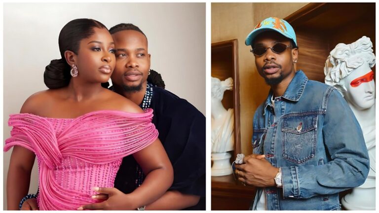 A split image featuring Yhemolee and his wife Tay. On the left, the couple poses intimately with Tay wearing a structured pink gown and Yhemolee in dark traditional attire. On the right, Yhemolee poses solo in a denim jacket, sunglasses, and a blue cap standing next to white classic statues.