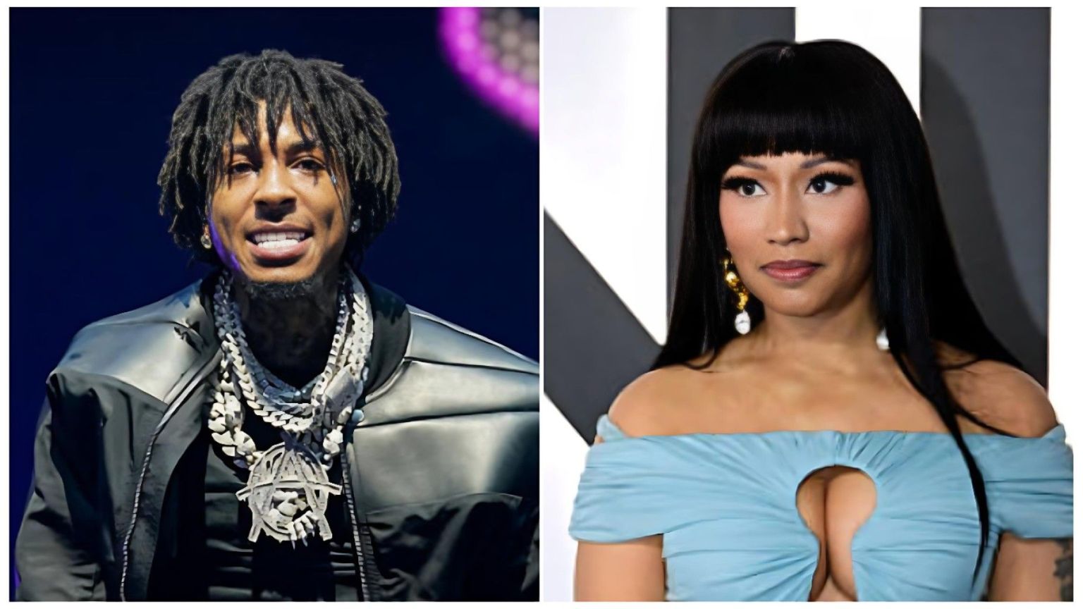 A side-by-side composite image featuring rapper NBA YoungBoy and recording artist Nicki Minaj. On the left, YoungBoy is seen smiling with his signature dreadlocks, wearing multiple heavy diamond-encrusted chains and a black jacket. On the right, Minaj is pictured with long, dark hair and blunt bangs, wearing a light blue, off-the-shoulder dress with a keyhole neckline.